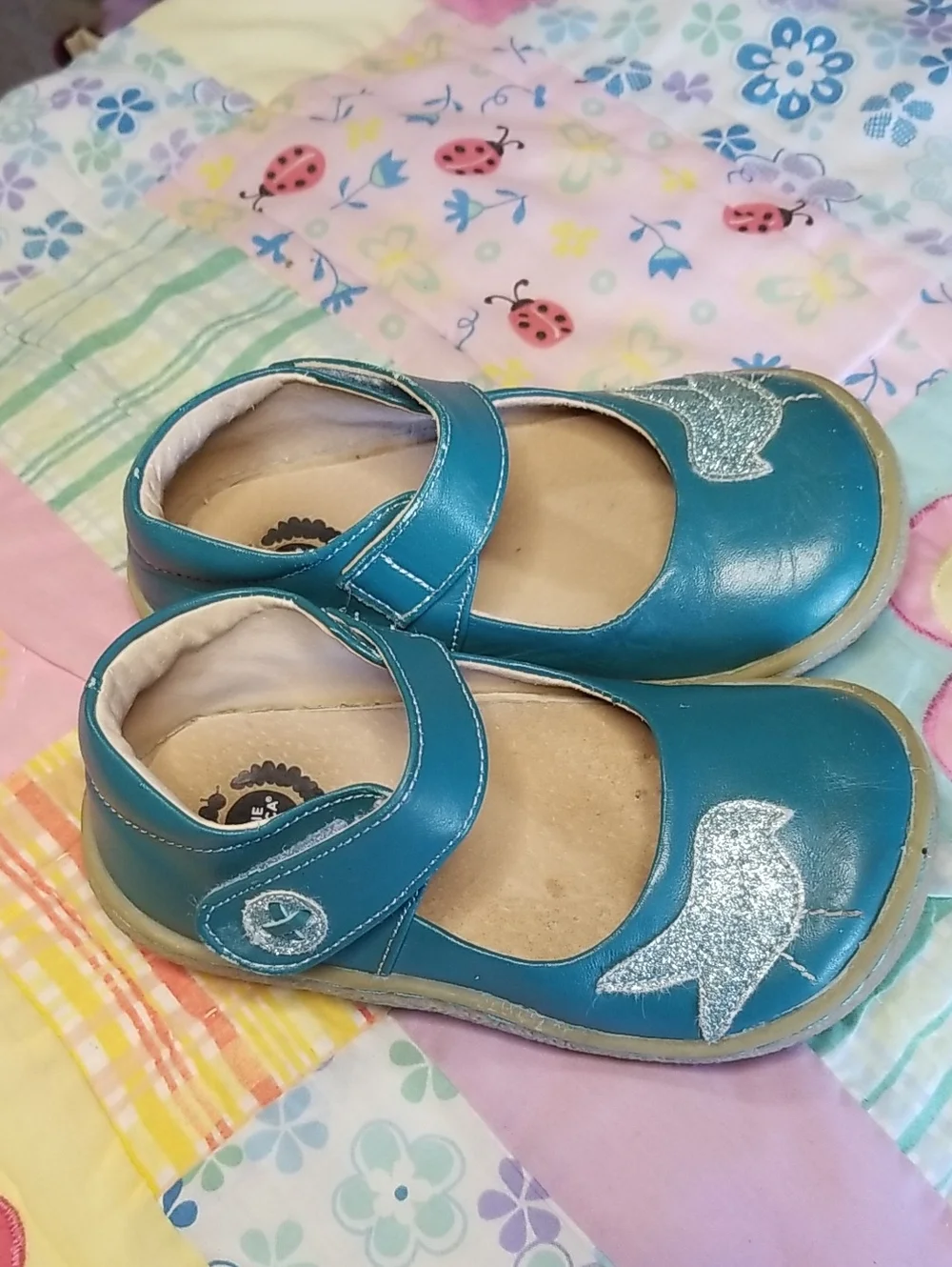 Livie & Luca Teal Soft  Leather Mary Jane Shoes with Glitter Bird Size 8 Pio Pio